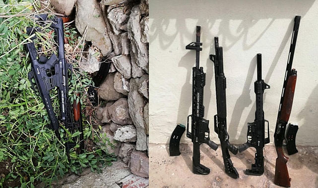 Bir evin bahçesinde 4 av tüfeği ve tüfeklere ait çok sayıda kartuş ele geçirildi